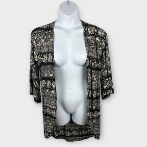 Women's Black Elephant Print Short Sleeve Open Front Rayon Kimono Topper 1X/16